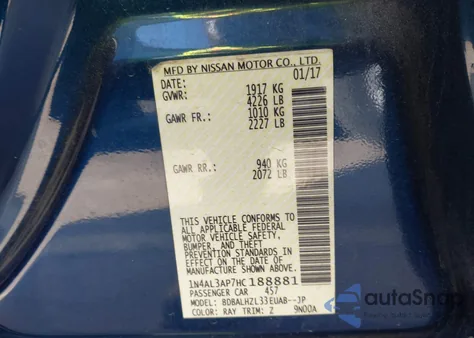 2017 Nissan Altima 2.5 Sr from USA, damaged, VIN 1N4AL3AP7HC188881